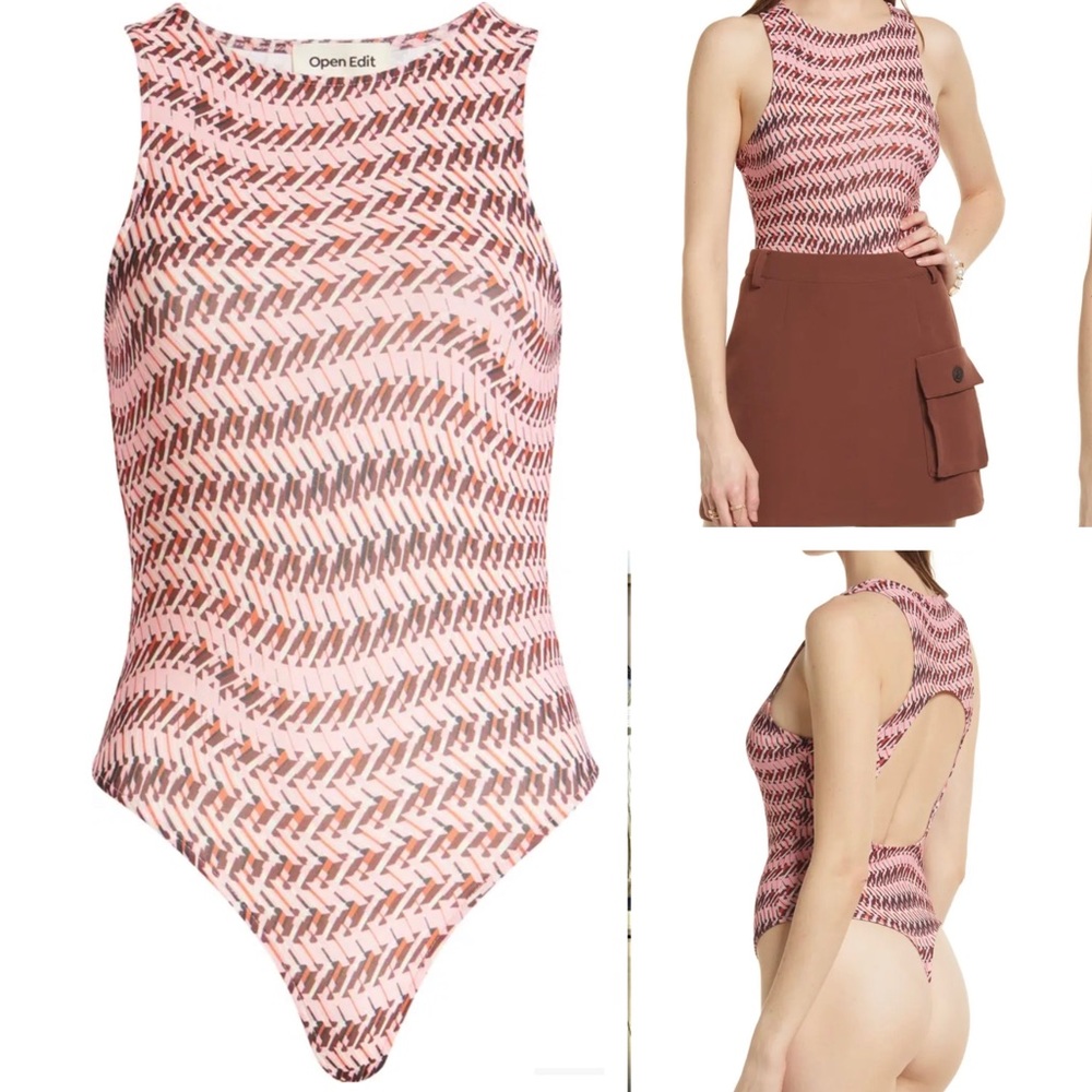 🆕 NWT Open Edit Crewneck Open Back Bodysuit | Geometric Pink Print